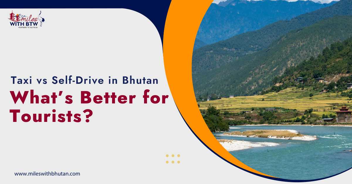 Taxi vs self-drive in Bhutan – scenic river and mountain landscape illustrating travel options for tourists in Bhutan